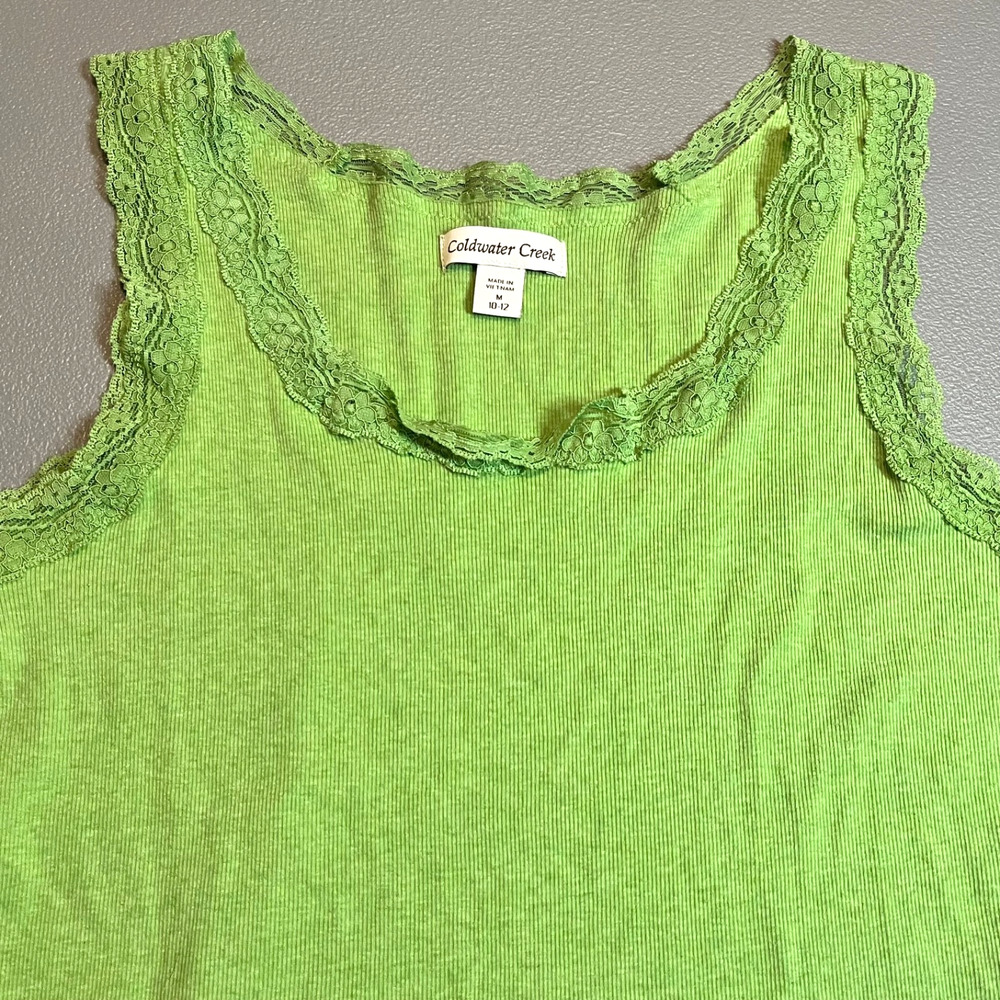 Coldwater Creek Womens Tank Top Medium 10-12 Lime Green Lace Trim Layering basic